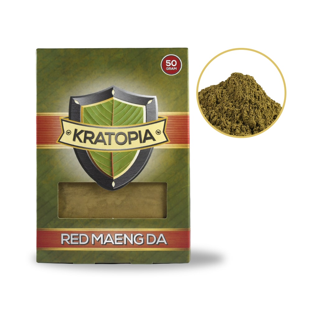 Red Maeng Da Kratom front view + contents Kratopia