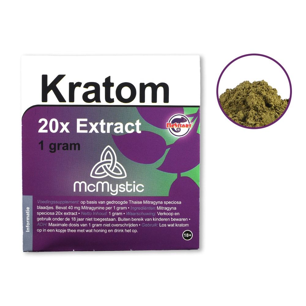 Kratom 20x 1 gram, front view + contents, McMystic