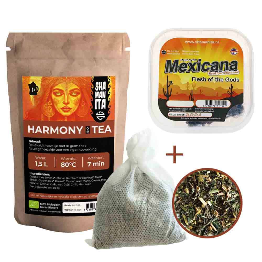 Kit introduttivo “Tè con Mexicana”: 10 grammi di tartufi magici e tè biologico Harmony, per chi si avvicina per la prima volta al mondo della magia.