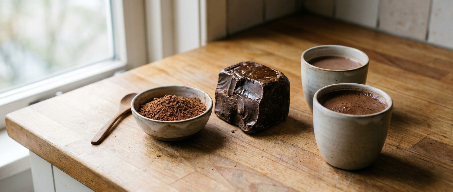 Pure cacaopasta en cacaopoeder naast een dikke en een dunne cacaodrank