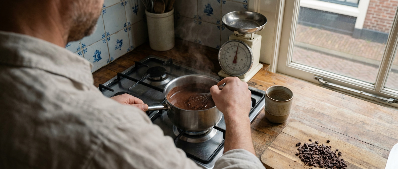 Cacaopasta wordt met warm water in een steelpan glad geklopt