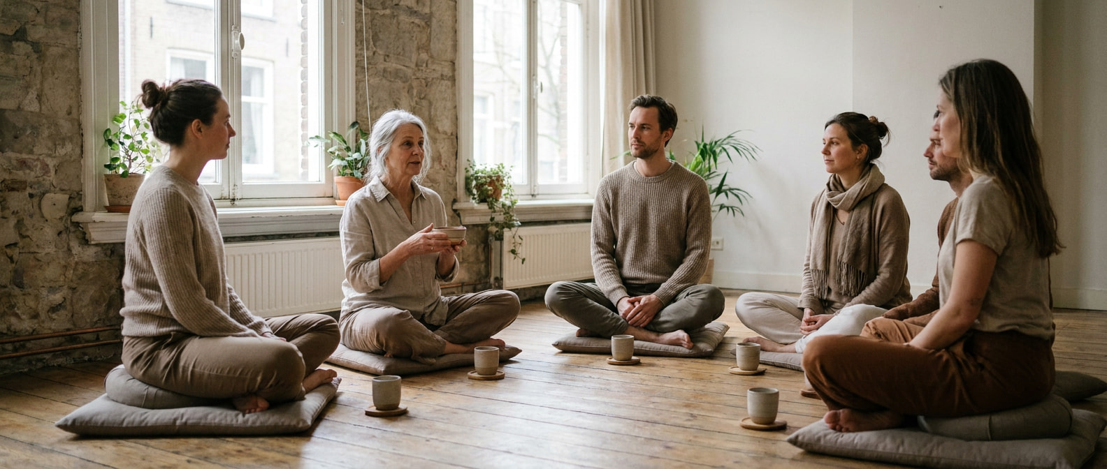Deelnemers zitten met koppen cacao in een kring in een yogastudio