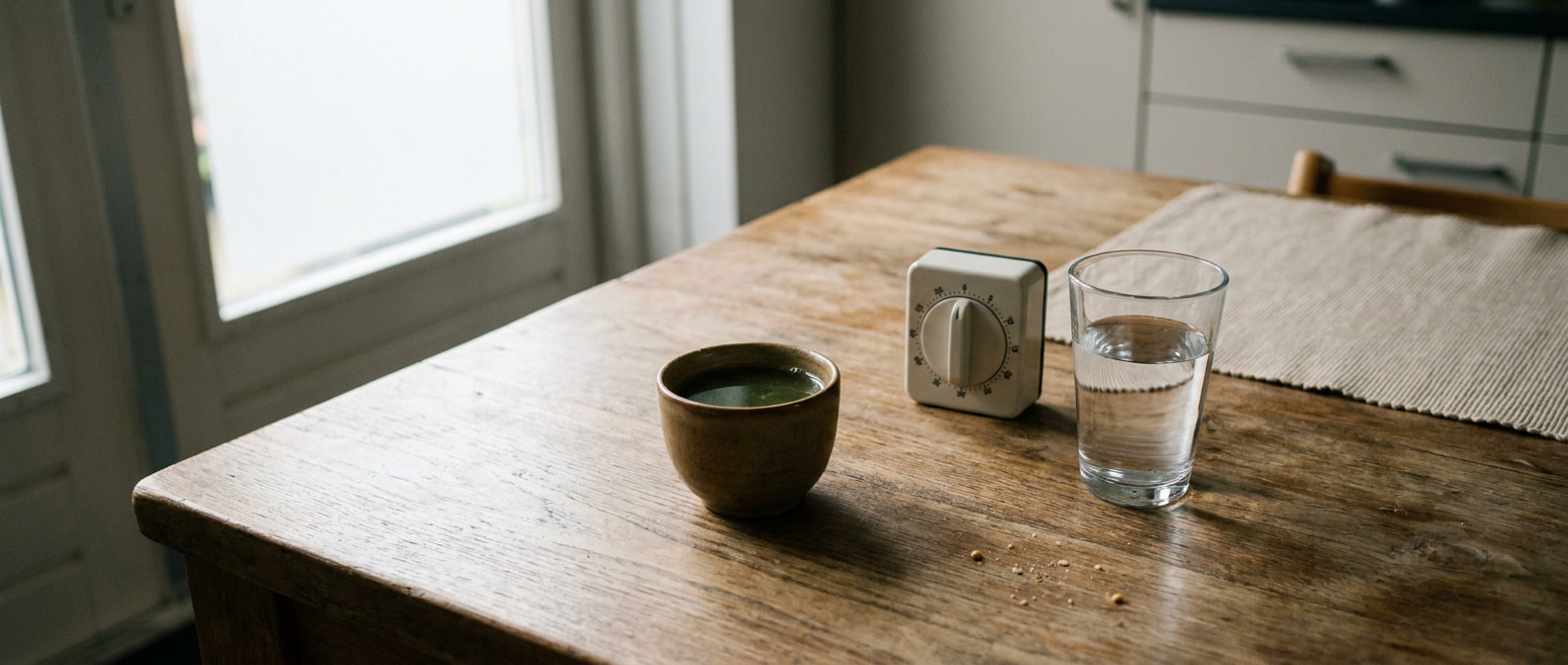 Kop kratomthee naast een timer en een glas water op een keukentafel