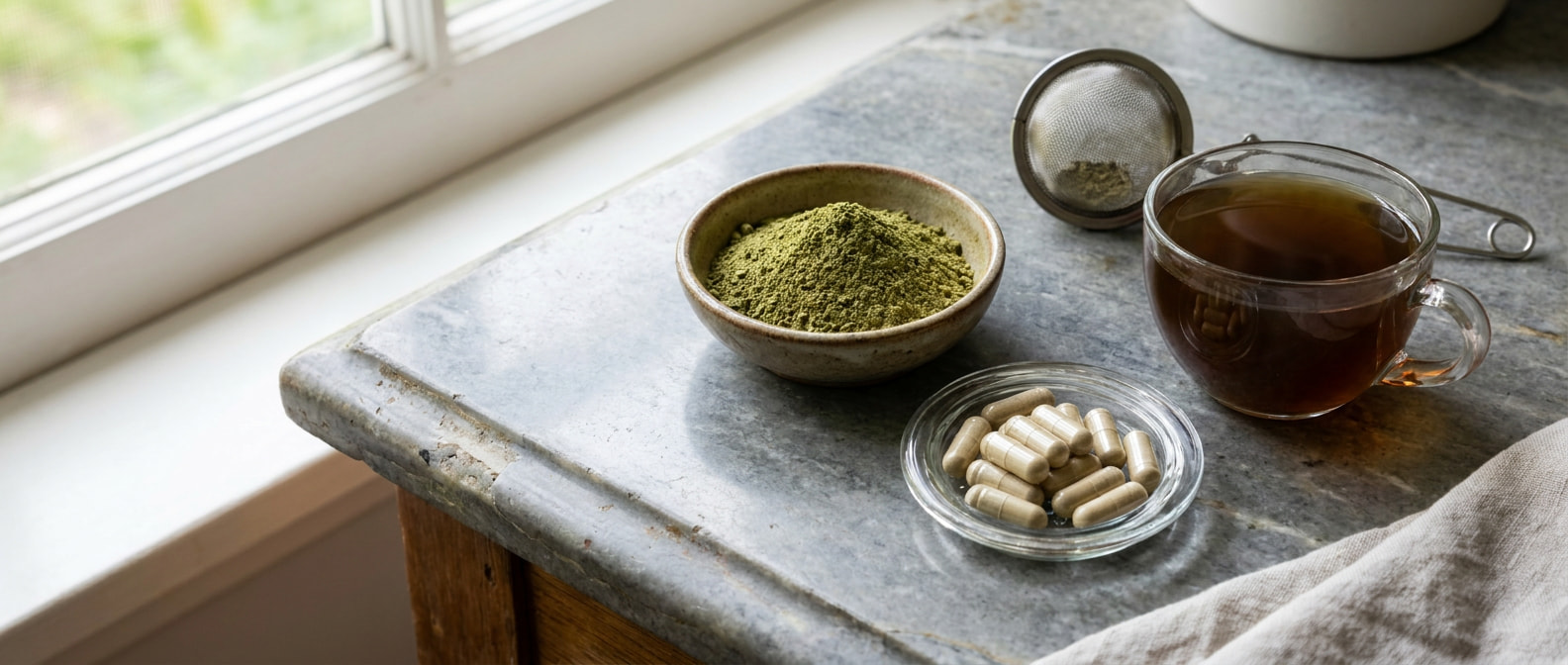 Kratompoeder, capsules en thee naast elkaar op een aanrecht