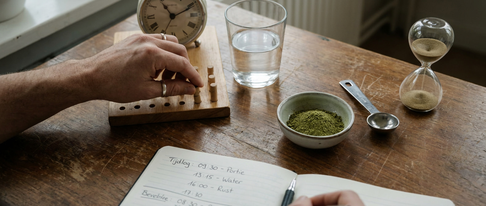 Visuele tijdregistratie met een zandloper, kratompoeder en maatlepel