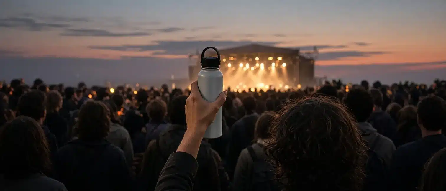 Festivalpubliek bij zonsondergang met iemand die een waterfles omhoog houdt