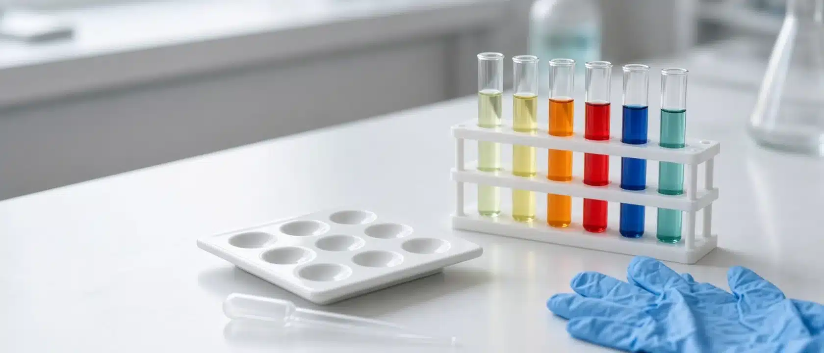 Witte laboratoriumtafel met reageerbuisjes met gekleurde vloeistoffen, een wit testplaatje, een pipet en blauwe handschoenen