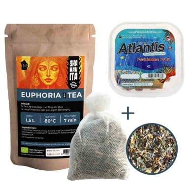 Euphoric Thee met Atlantis 15 gram magic truffels en Euphoria Bio Tea voor een euforische stemming.