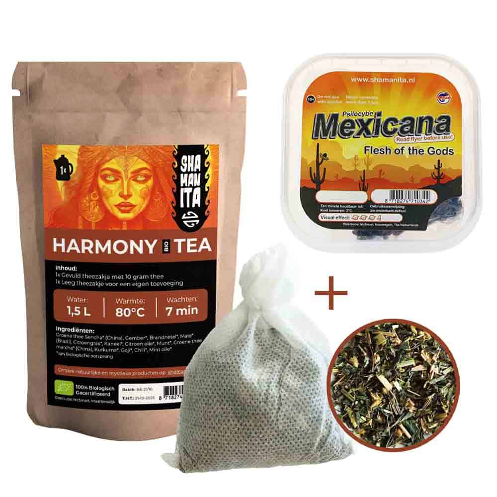 Starter Thee met Mexicana 10 gram magic truffels en Harmony Bio Tea voor beginners in de magische wereld.