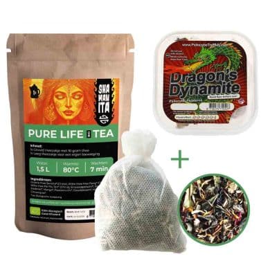 Tripping Thee met Dragon's Dynamite 20 gram magic truffels en Pure Life Bio Tea voor avontuurlijke ontdekkers.