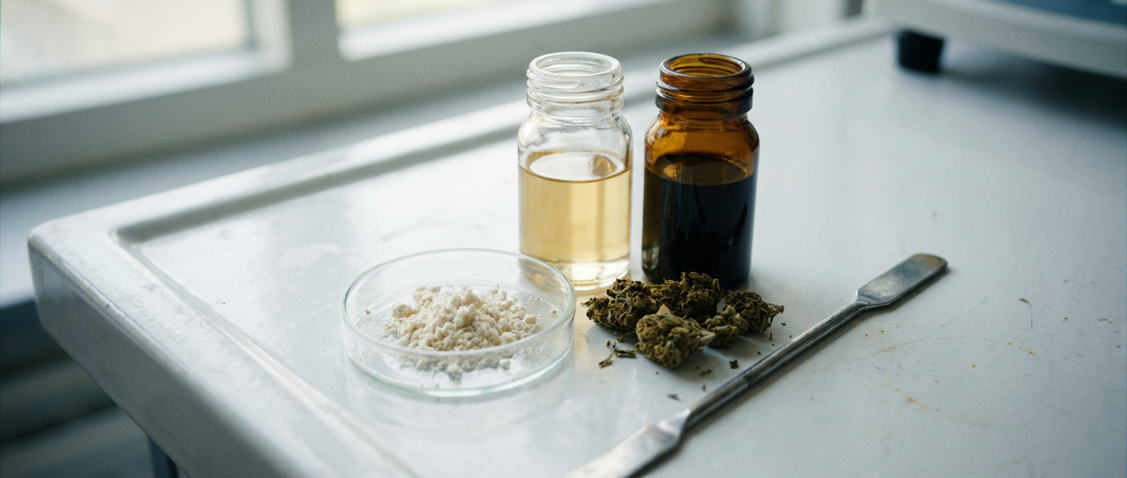 CBD-isolaat en twee soorten hennepextract in glazen schaaltjes en flesjes