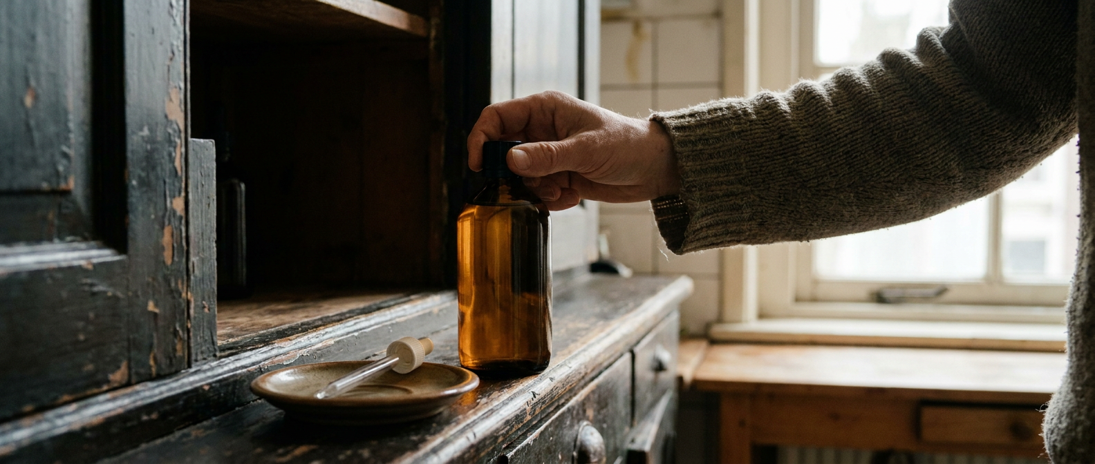 CBD-olie wordt afgesloten en in een donkere keukenkast bewaard