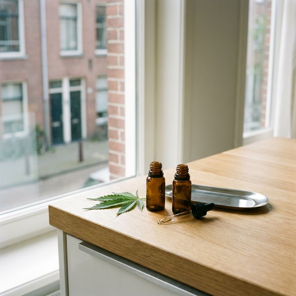 Deux flacons d'huile CBD munis de pipettes, posés sur un plan de travail en bois