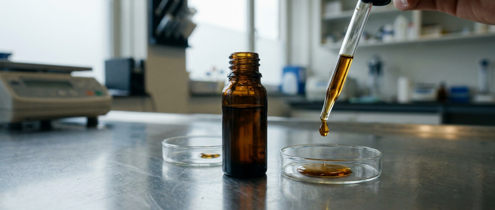 Twee gelijke flesjes CBD-olie met pipetten boven glazen schaaltjes