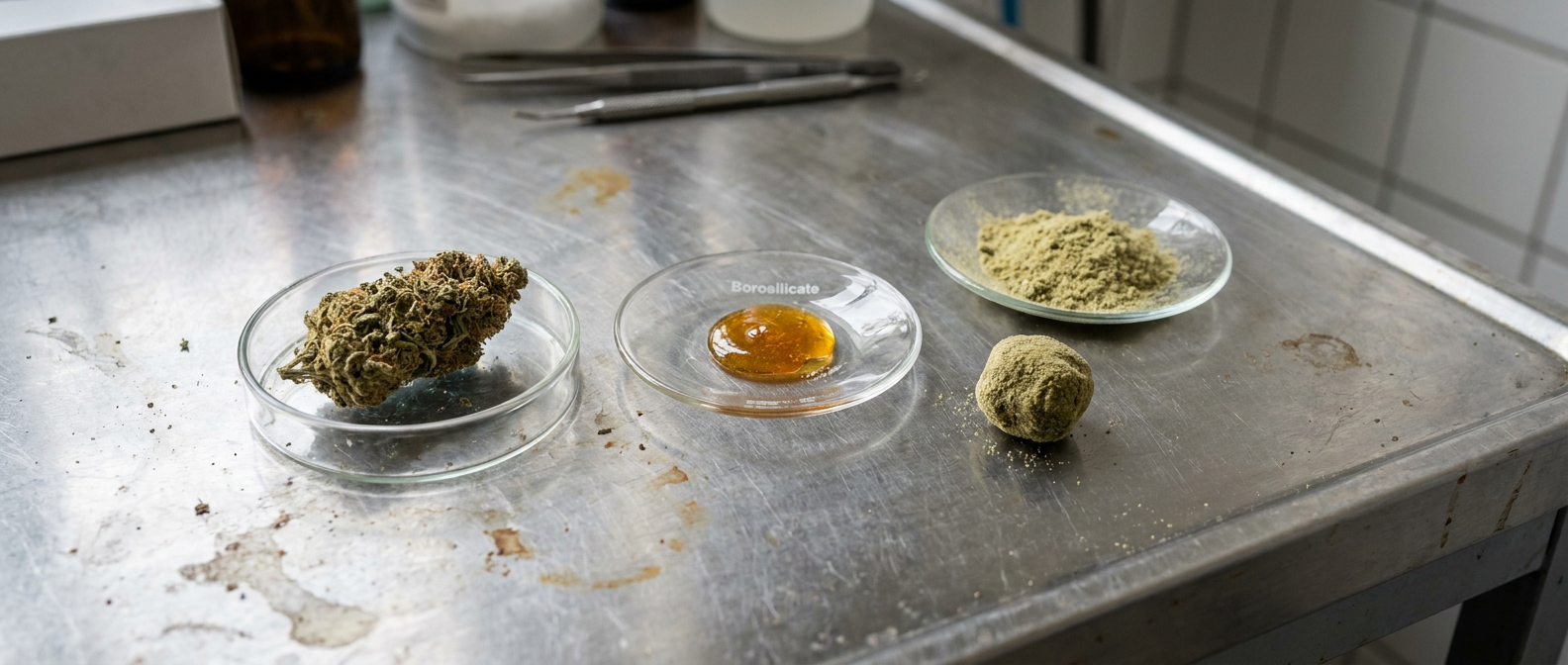 Cannabisbloem, extract en kief naast een afgewerkte moonrock