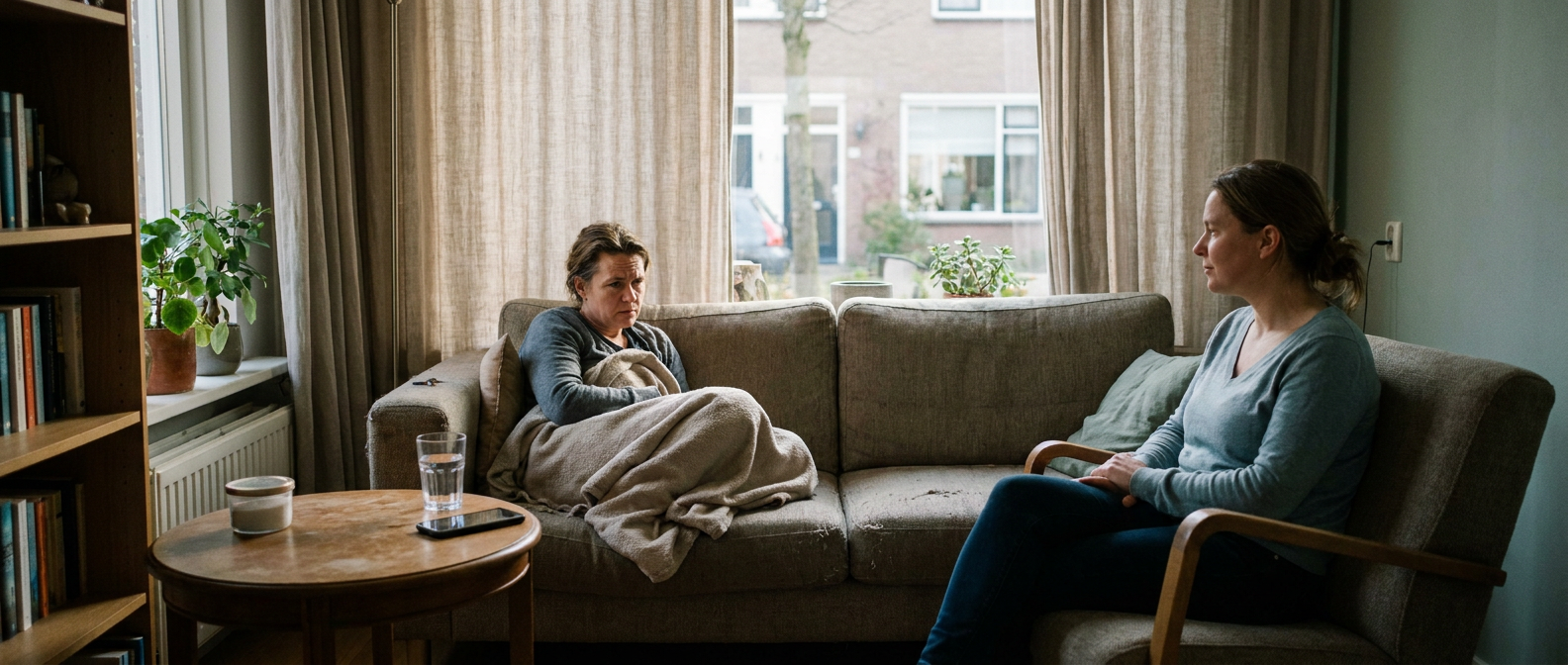 Een onrustige persoon rust op de bank met een nuchtere begeleider erbij