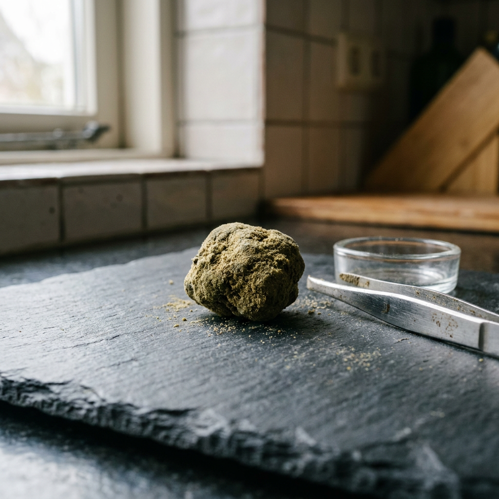 Moonrock coupé en morceaux, contenant des fleurs de cannabis, de l'extrait et du kief