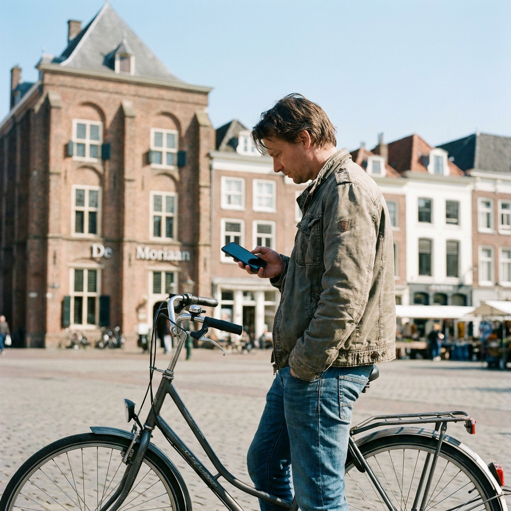 Un cliente adulto pianifica un percorso lungo gli smartshop nella piazza Markt di Den Bosch.