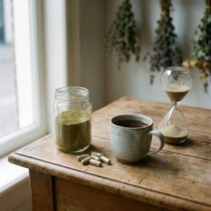 Kratom – proszek, kapsułki i herbata obok szklanej klepsydry