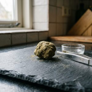 Pokrojony moonrock z kwiatami konopi, ekstraktem i kiefem